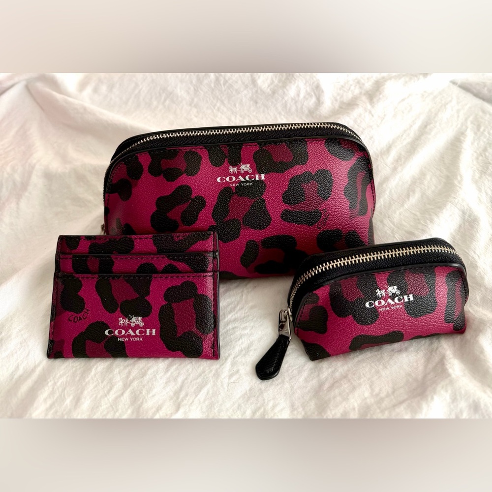 👑✅PRICE FIRM✅ Coach Leather Fuchsia Leopard Print Accessory RARE Trio🔥🔥🔥 - Picture 2 of 16